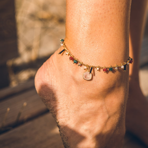 Bracelet de cheville agate verte / quartz rose